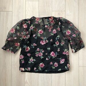 Forever 21 Floral Puff Sleeve Sheer Chiffon Top in Black Size S